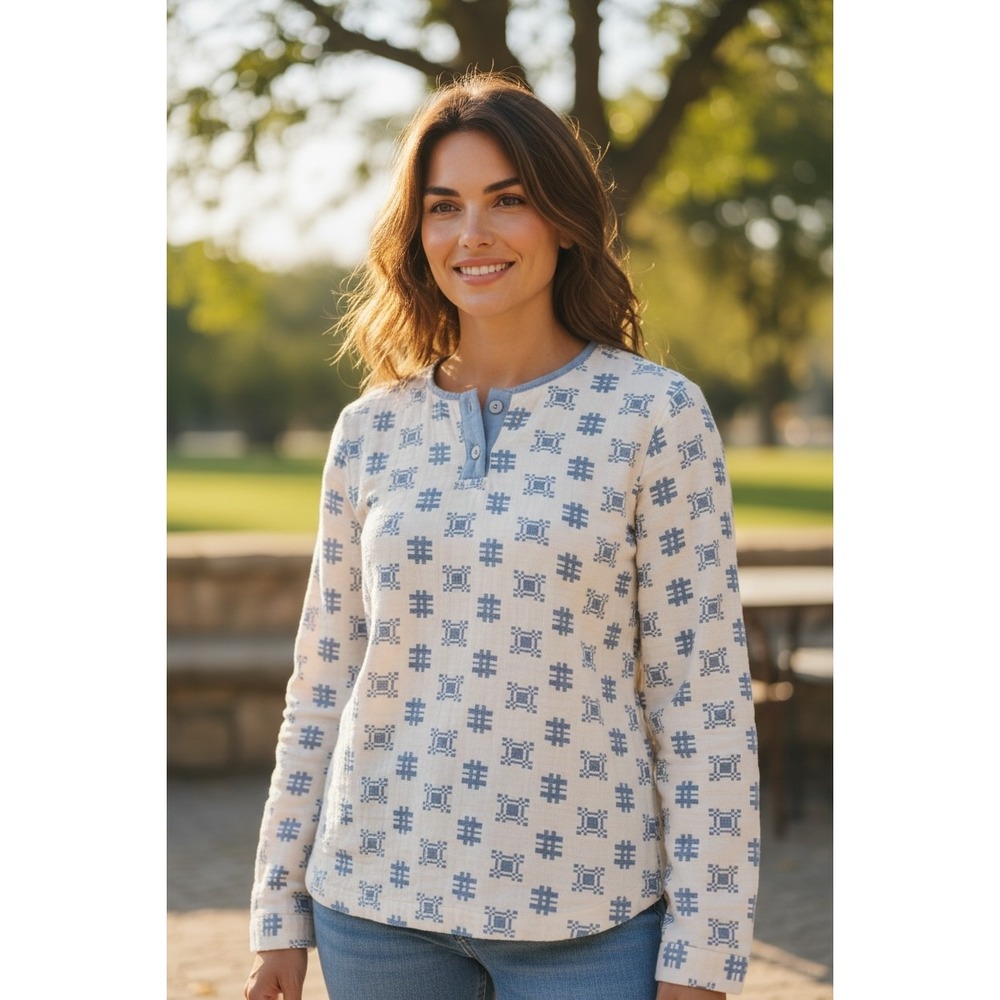 Womens Ace & Jig 3/4 Sleeve White/Blue Shirt‎ CLEAN Small Boho Minimalist